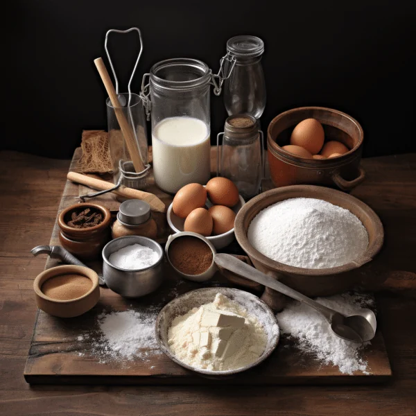 Baking ingredients on a wooden board: flour, eggs, milk, butter, sugar and spices