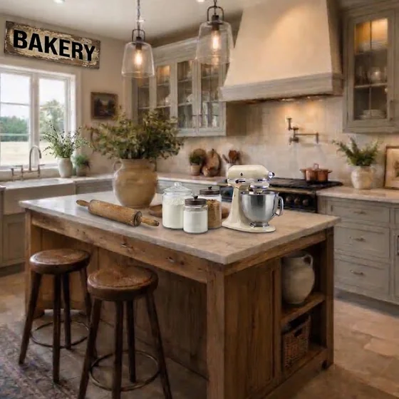 A farmhouse kitchen with a wooden island, a stand mixer, flour jars and a Bakery sign