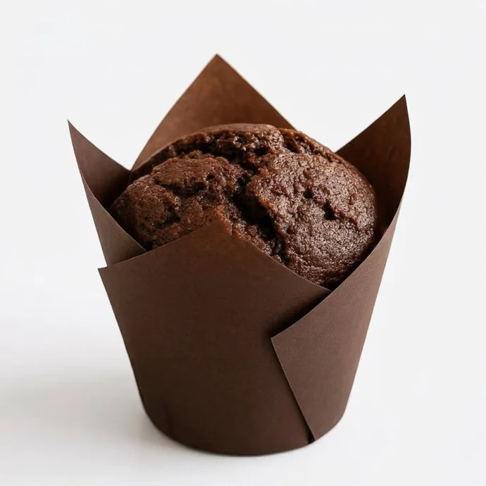 A Willow Bakery chocolate muffin in a brown tulip case